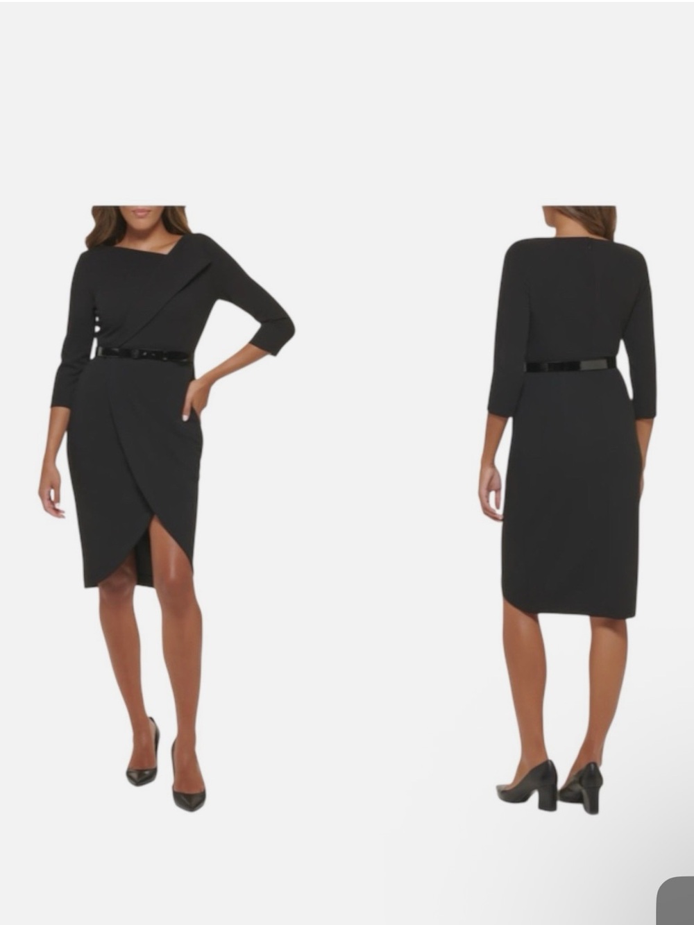 NWOT Calvin Klein Black Wrap-Front Midi Dress with Belt